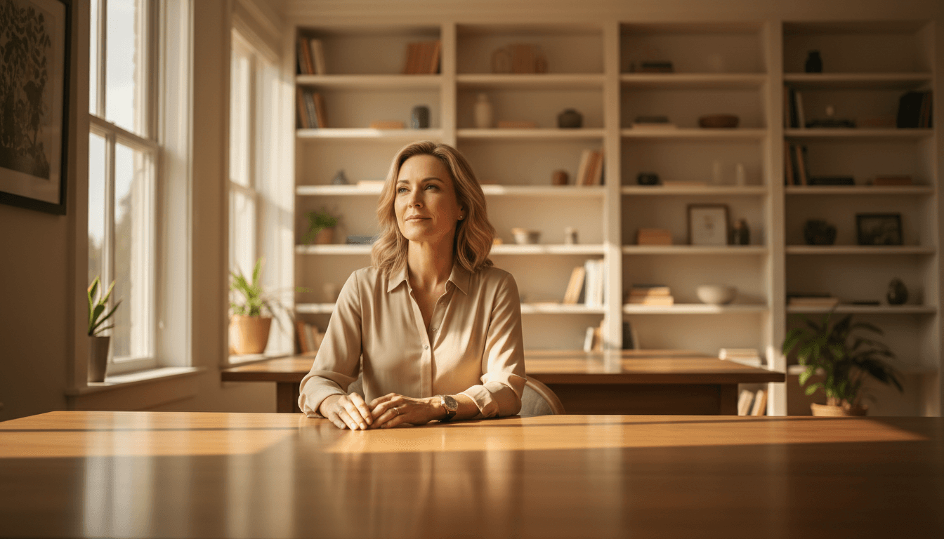 Woman in contemplative moment at desk, bathed in warm natural light, embodying thoughtful leadership